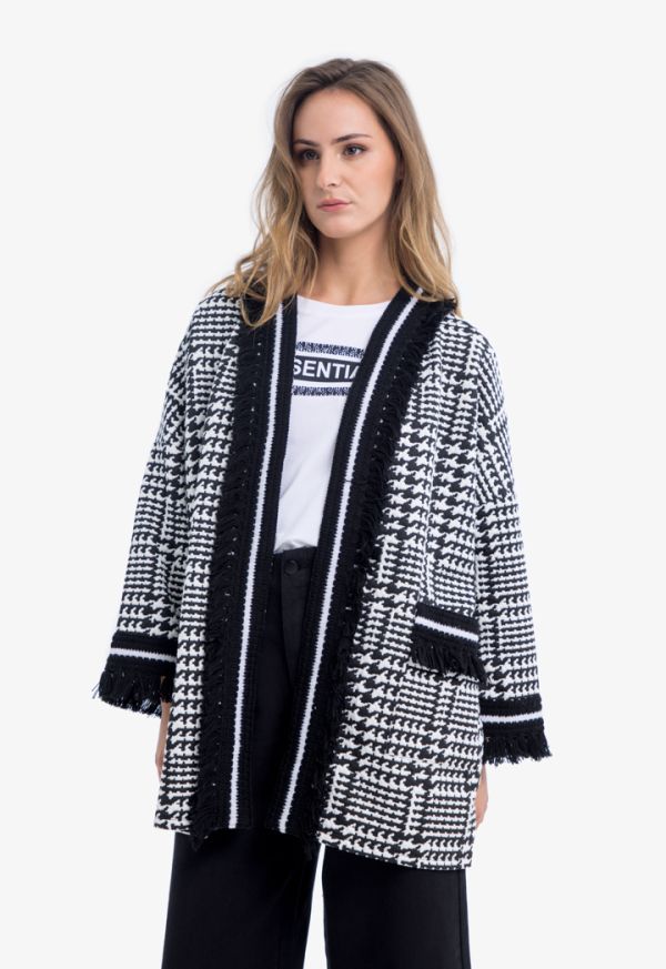 Houndstooth Knitted Fringed Cardigan