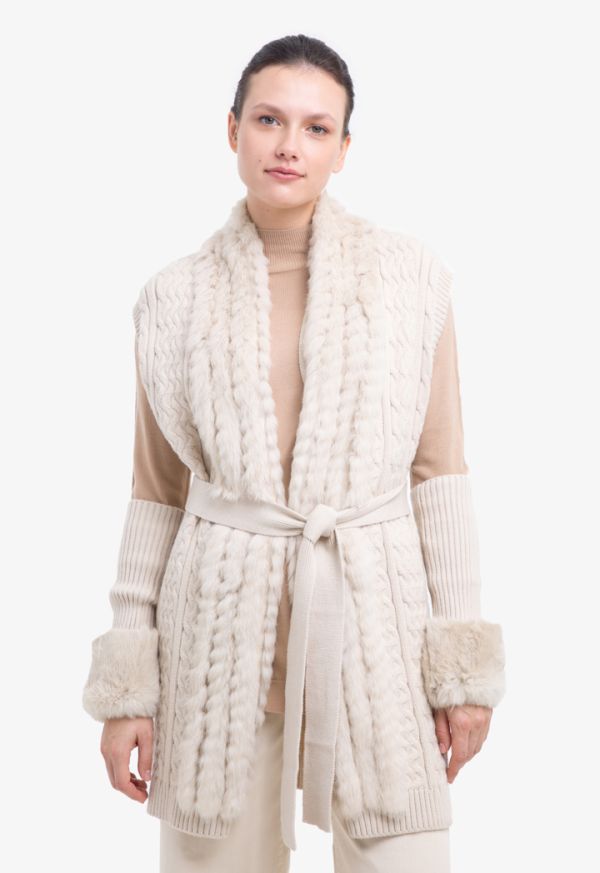 Textured Knitted Fur Details Open Vest With Self Tie Band -Sale