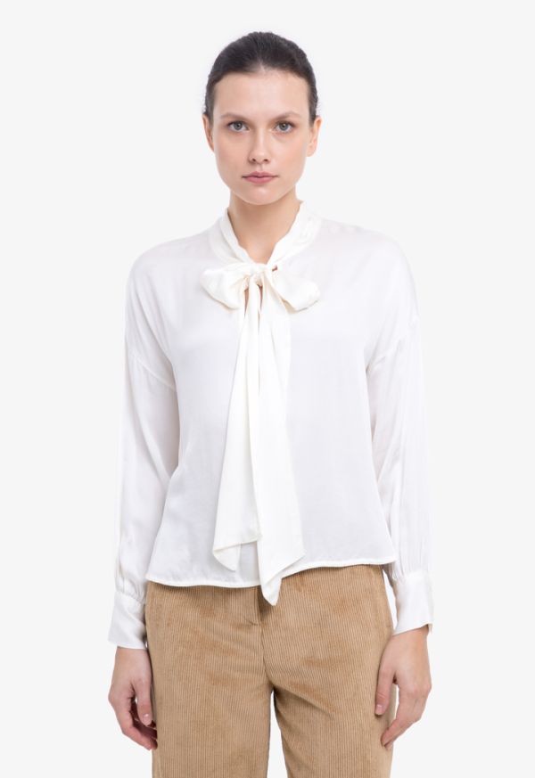 Solid Self Bow Tie Blouse