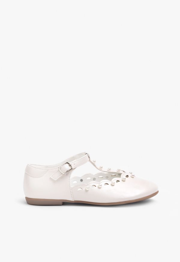 PU Leather Faux Pearls Embellished Ankle Strap Flats