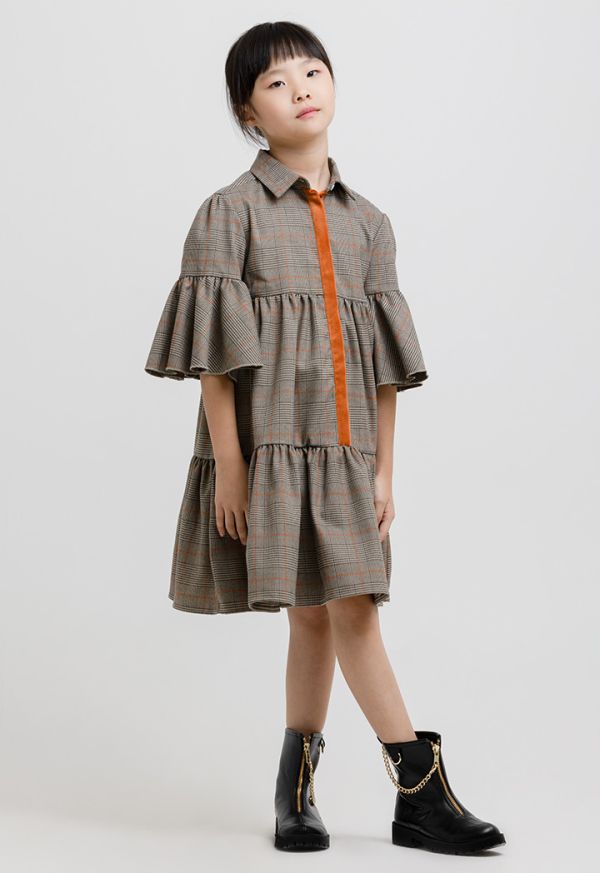Glen Check Pattern Front Buttons Tiered Dress -Sale