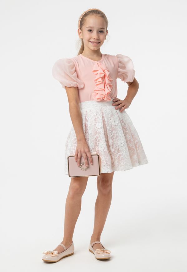 Organza Ruffle Puff Blouse And Pleated Lace Skirts Set  -Sale