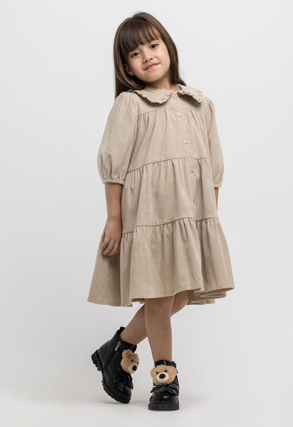 Peter Pan Collar Buttoned Puffy Sleeves Corduroy Tiered Dress -Sale