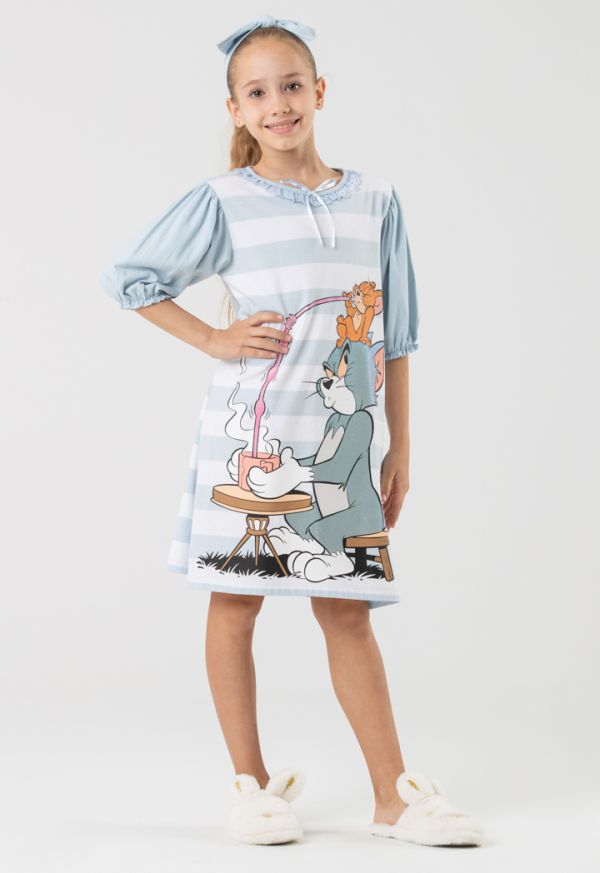 Tom & Jerry  Glittery Graphic Print Puff Dress And Short Sets -Sale