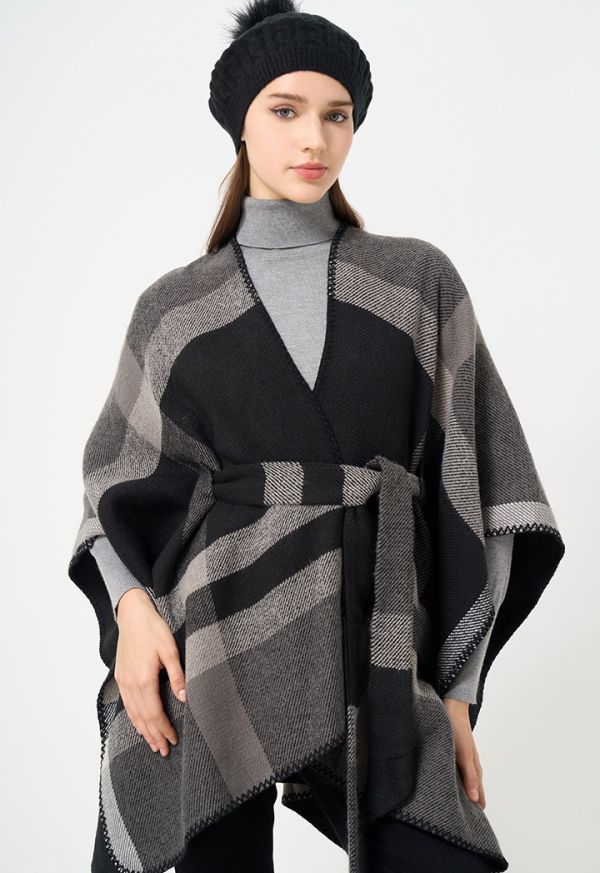 Checkered Belted Winter Poncho