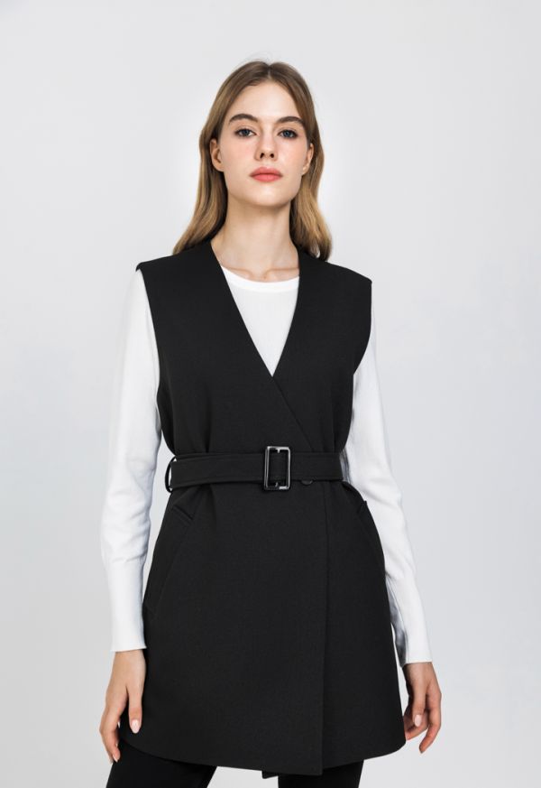 Double Breasted Belted V-Neck Vest