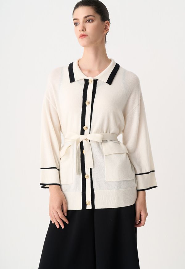 Contrast Knitted Belted Cardigan