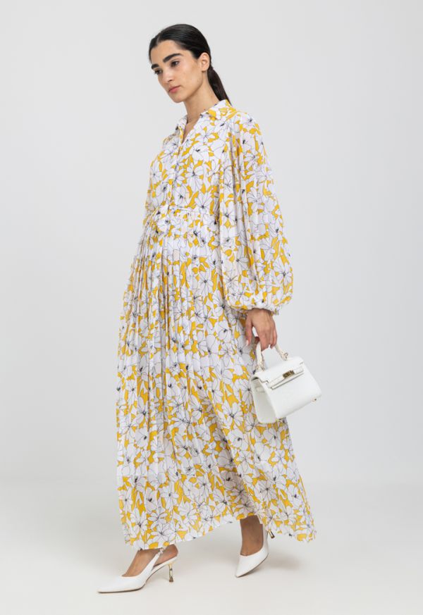 Printed Pleated Belted Maxi Dress