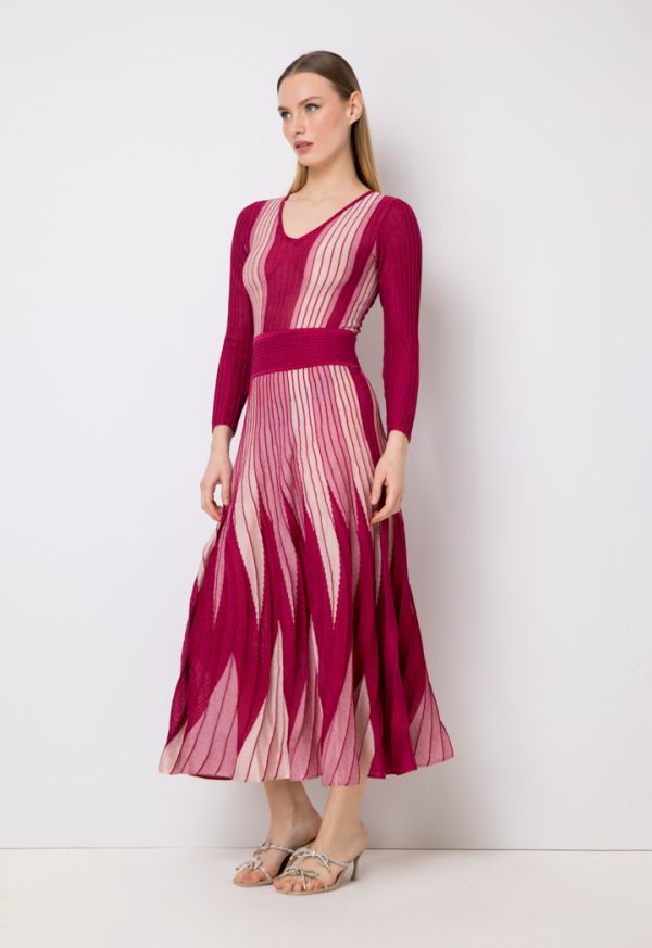 Knitted Lurex V-Neck Flared Dress
