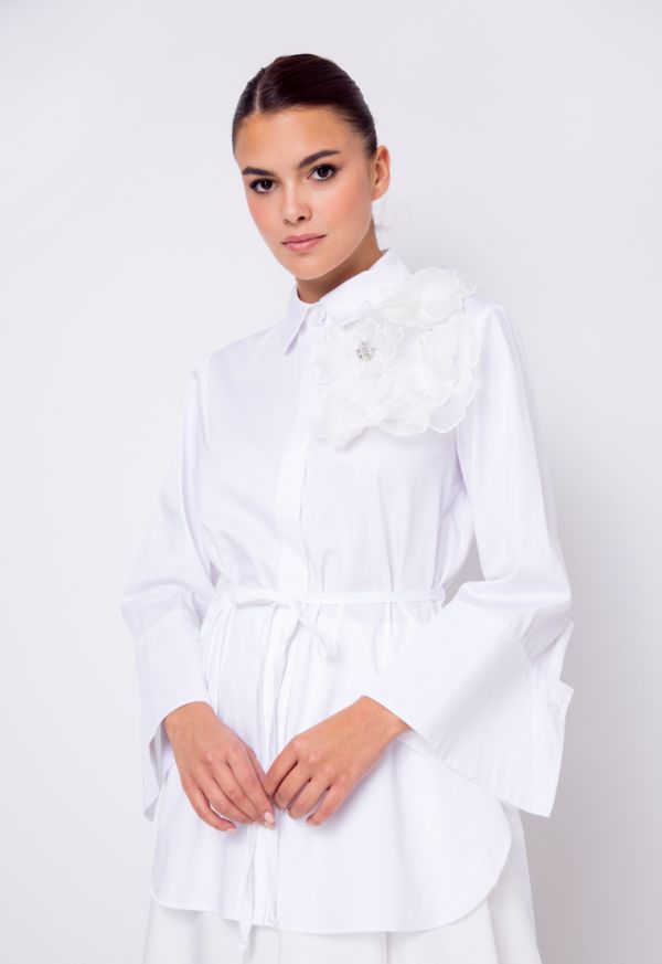 Belted High Low Floral Adornment Shirt
