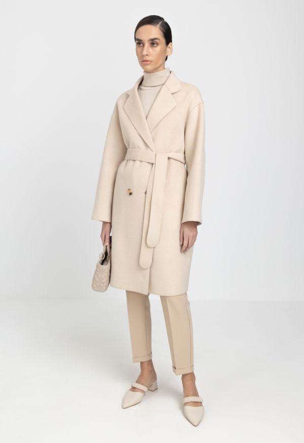 Belted Double Breasted Notched Collar Coat