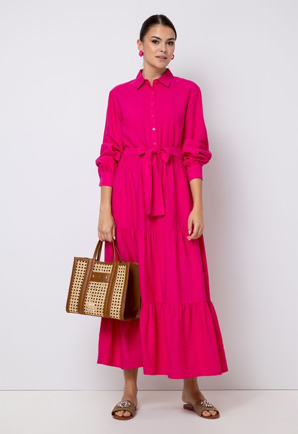 Solid Tiered Belted Maxi Dress