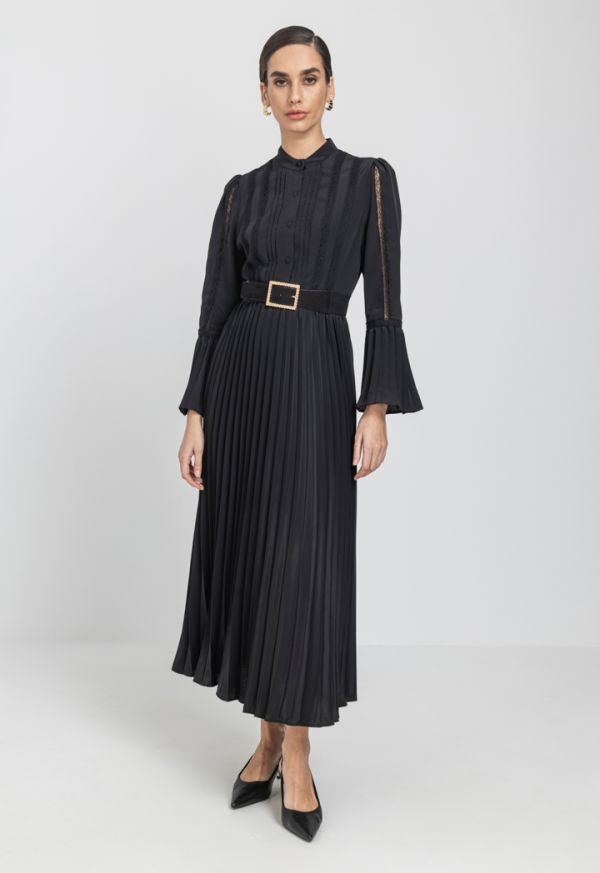 Pleated Belted Lace Dress