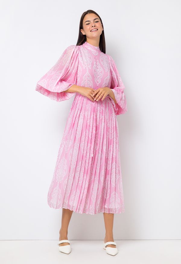 Button-Embellished Pleated Printed Dress