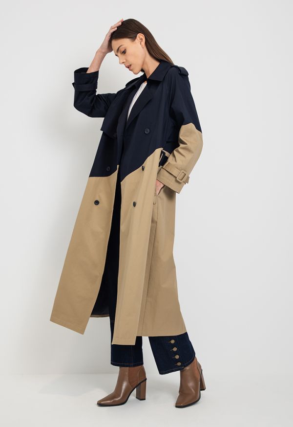 Color Block Double Breasted Trench Coat