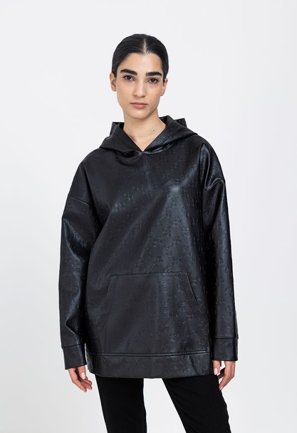 Hooded PU Leather Textured Monogram Pullover