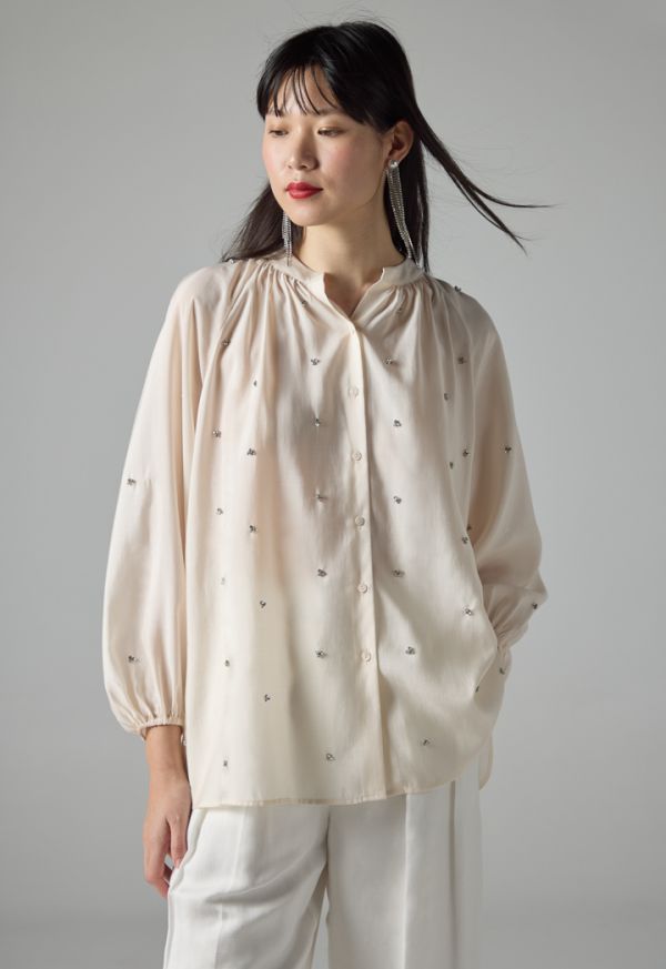 Solid Long Sleeve Rhinestones Embellished Shirt - Ramadan Style