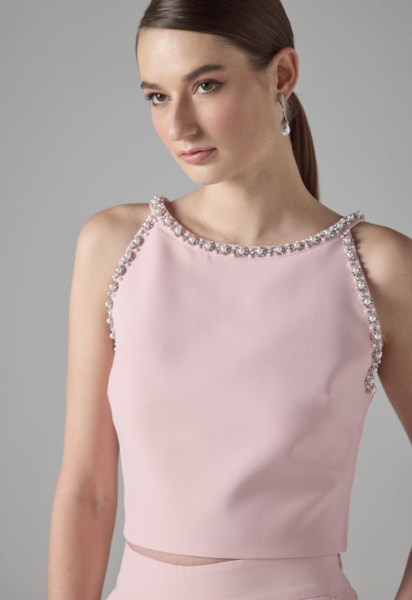 Crystal Faux Pearl Embellished Sleeveless Cropped Top