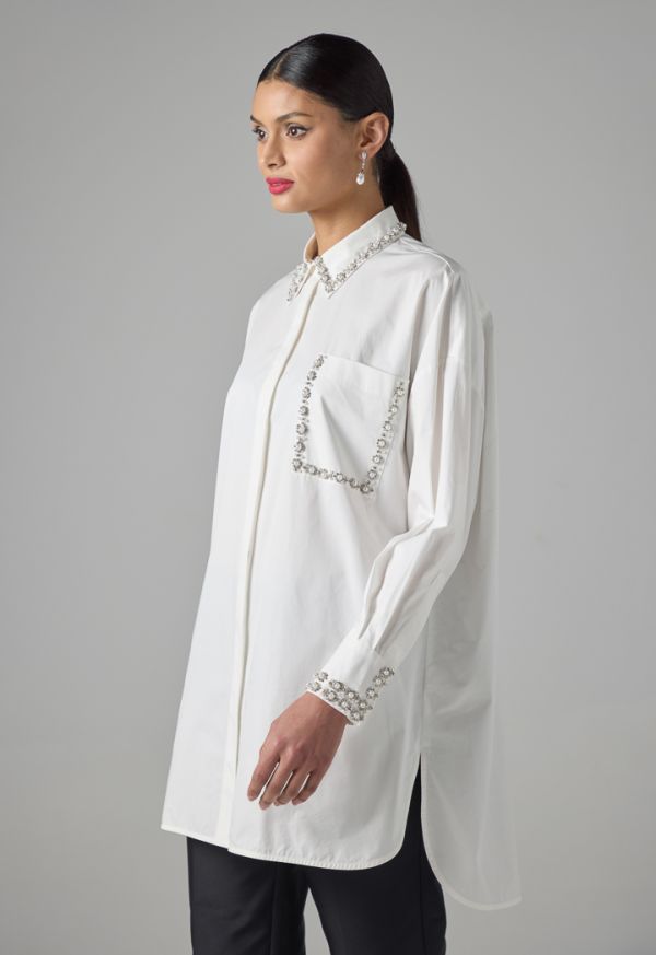 Solid Long Sleeve Crystal Embellished Shirt