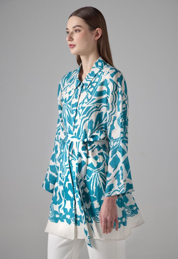 Long Sleeve Printed Belted Shirt