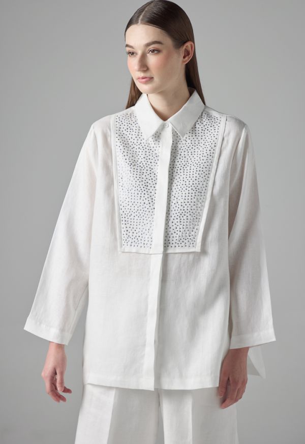 Solid Crystal Embellished Linen Shirt