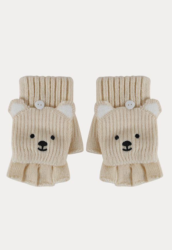 Open Fingers Ribbed Wool Gloves With Animated Design -Sale