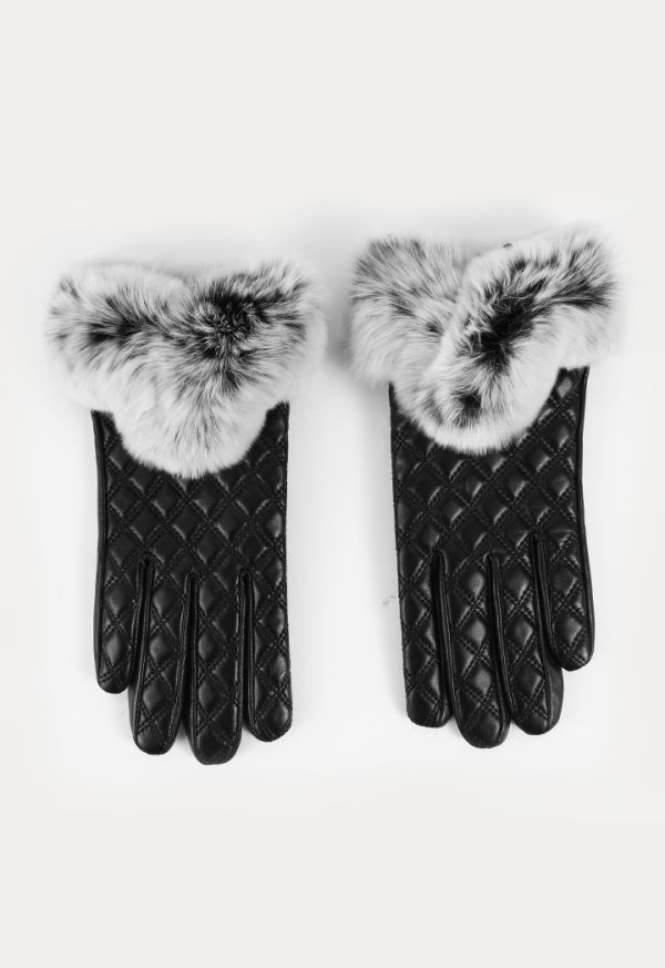 Quilted PU Leather With Fur Gloves -Sale
