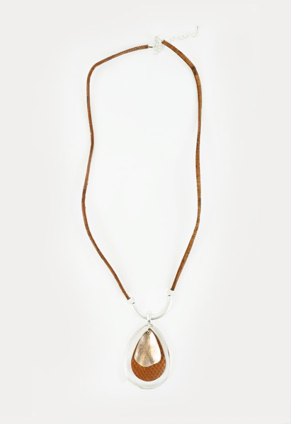 Contrast PU Leather And Zinc Metal Pendant Necklace -Sale