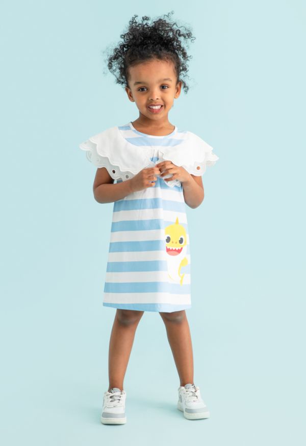 Baby Shark Digital Print Scallop Stripes Dress -Sale