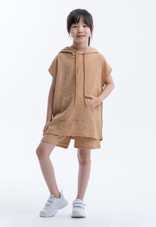 Solid Textured Hooded Shirt With Shorts Casual Set -Sale