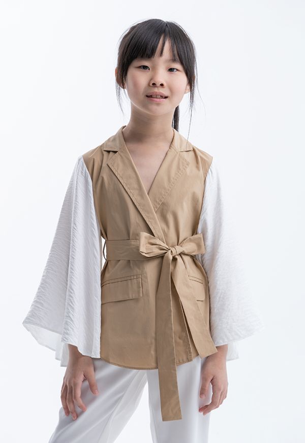 Ruffled Sleeves Collared Open Blouse with Belt -Sale