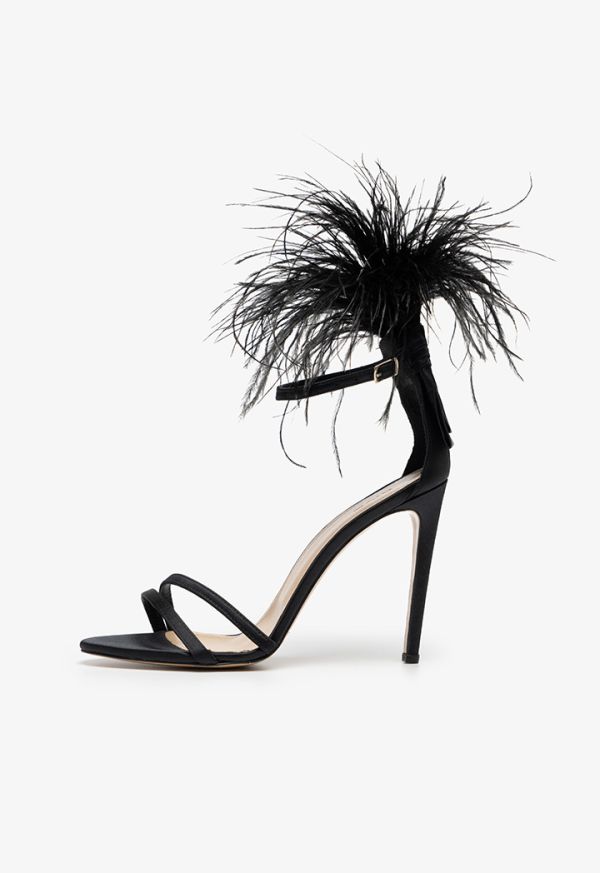 Feather-Trimmed Satin Stiletto Sandals -Sale