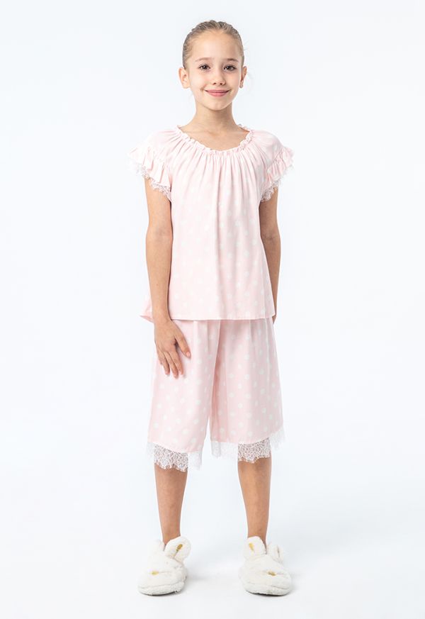Polka Dots High-Low Ruffles Lace Pajama Set -Sale