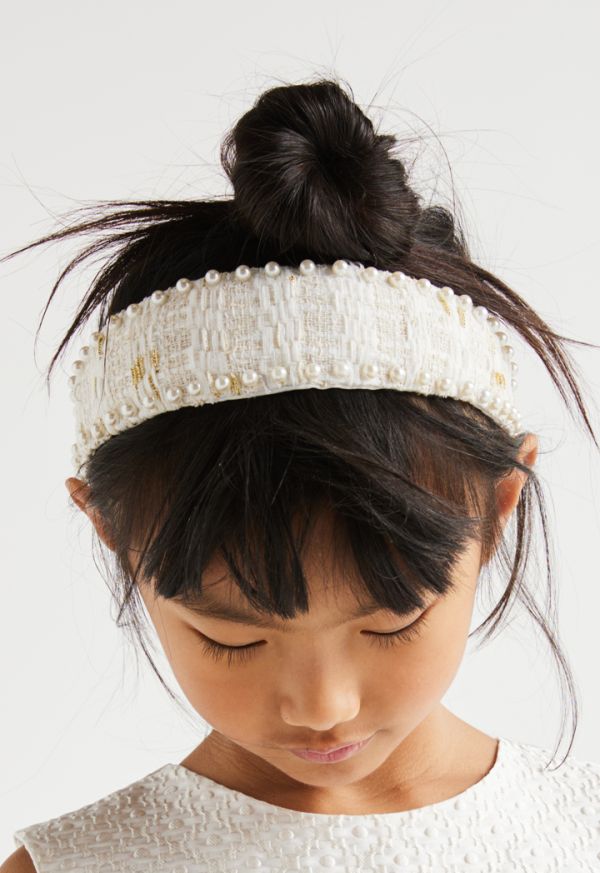 Faux Pearls Embellished Tweed Headband
