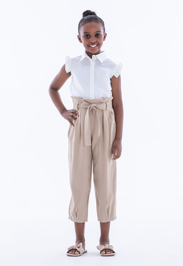 Solid High-Rise Paperbag Trousers -Sale