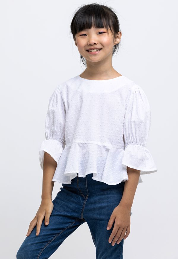Solid Ruched Puffy Sleeve Blouse -Sale