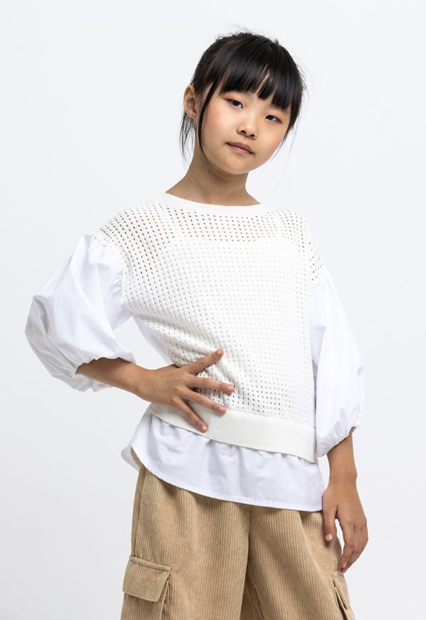 Knitted Front Puffy Elasticated Sleeve Shirt -Sale