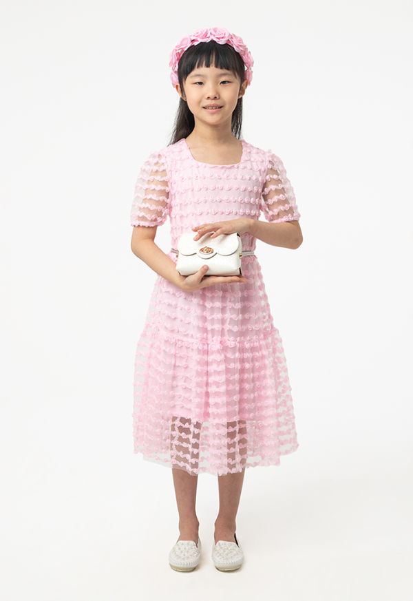 Flowers Puffy Organza Sleeves Dress With Belt -Sale