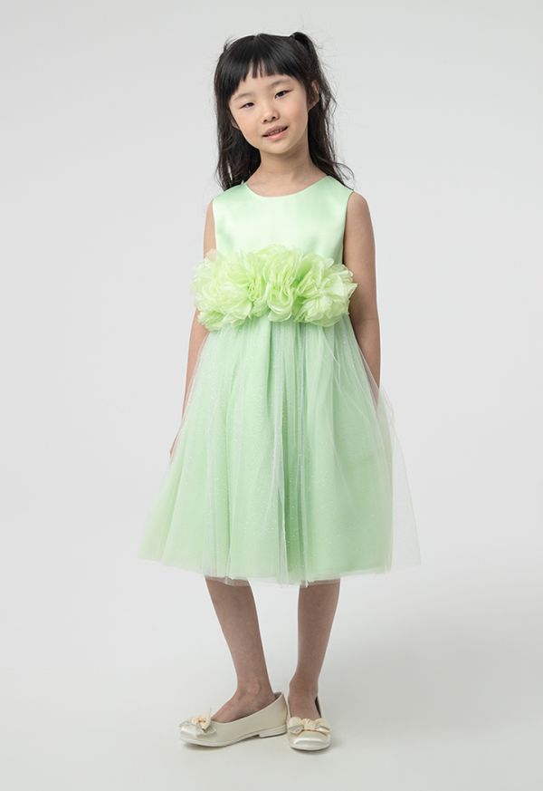 Solid Self Tie Flower Belt Glittery Party Dress -Sale