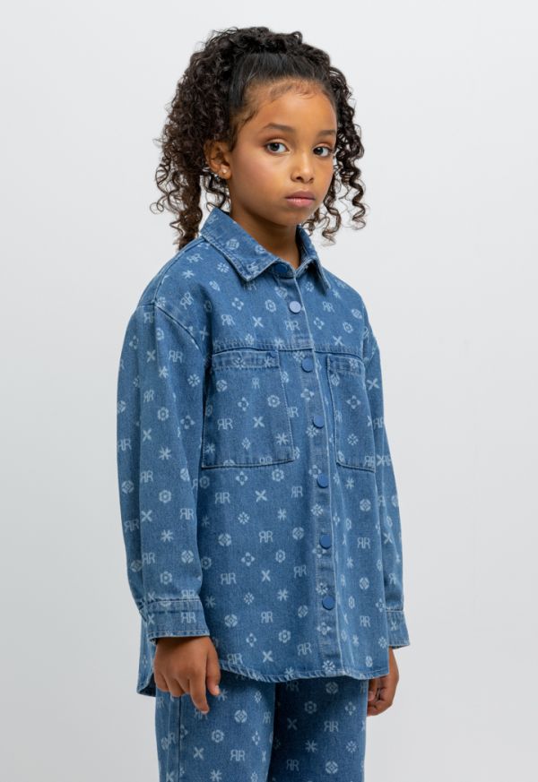 Printed Collared Buttons Down Denim Shirt -Sale