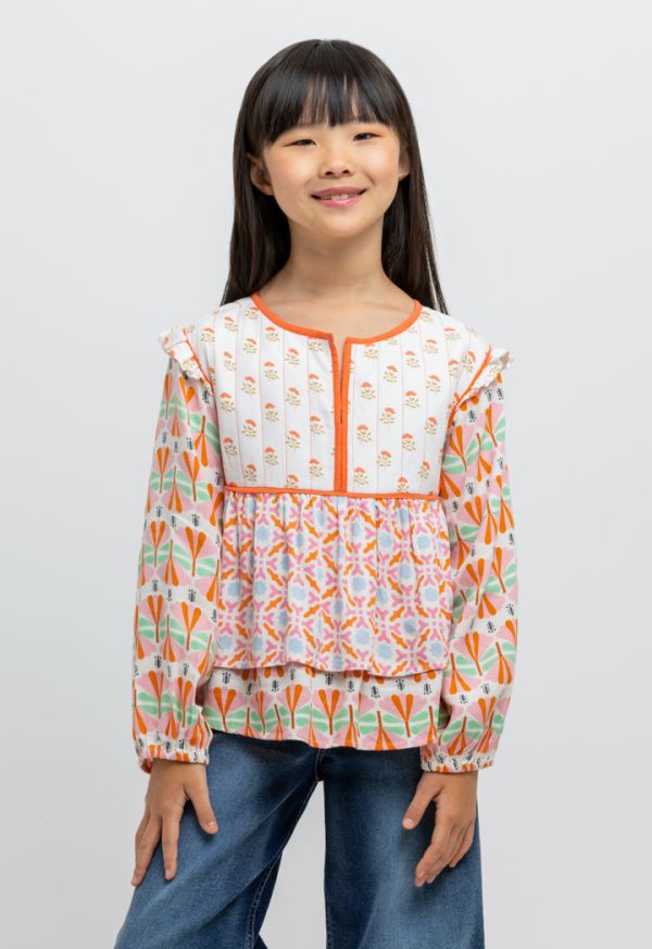 Multi Print Ruched Frills Casual Blouse -Sale