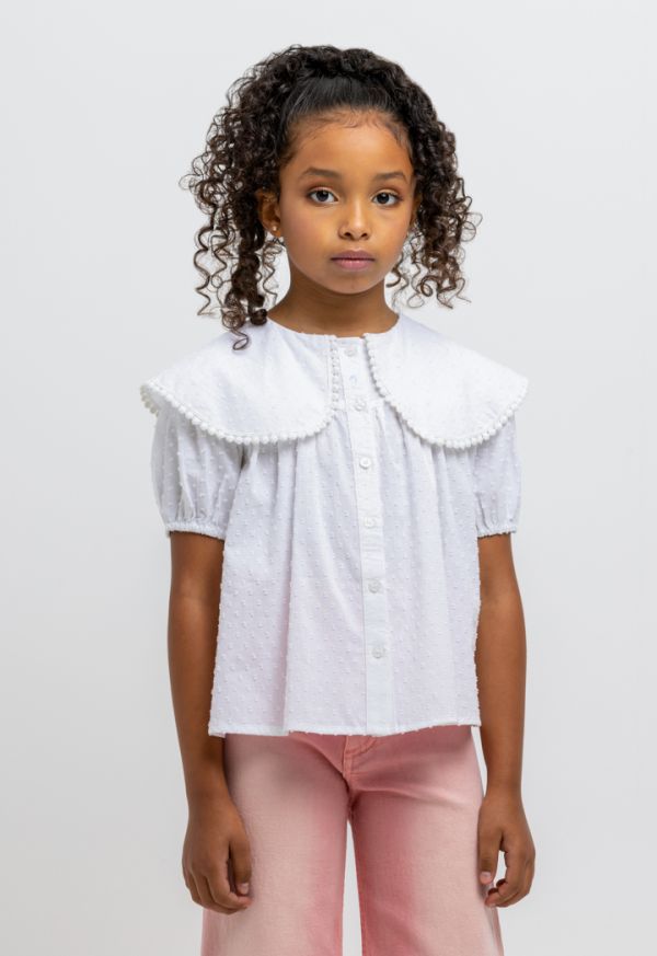 Peter Pan Pom Pom Collar Solid Buttons Down Blouse -Sale