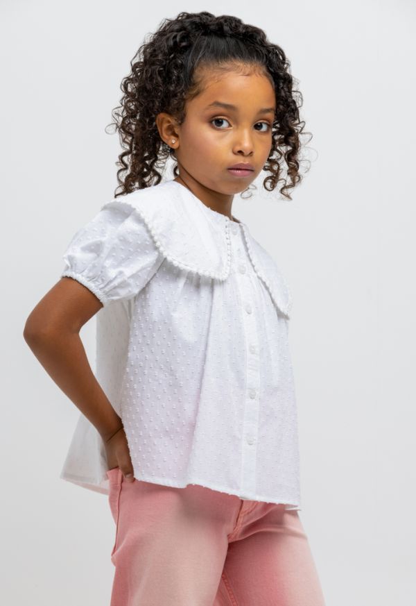 Peter Pan Pom Pom Collar Solid Buttons Down Blouse Sale