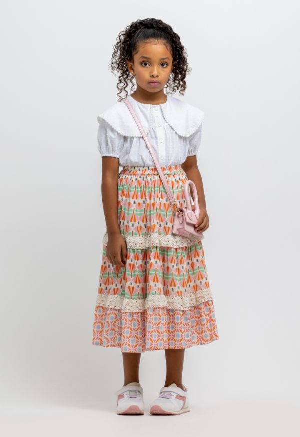 Multi Printed Tiered Schiffli Details Skirt -Sale