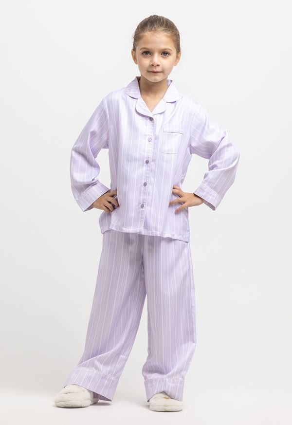 Satin Striped Collared Front Buttons Pajama Set -Sale