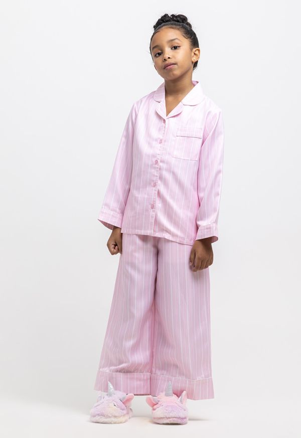 Satin Striped Collared Front Buttons Pajama Set -Sale