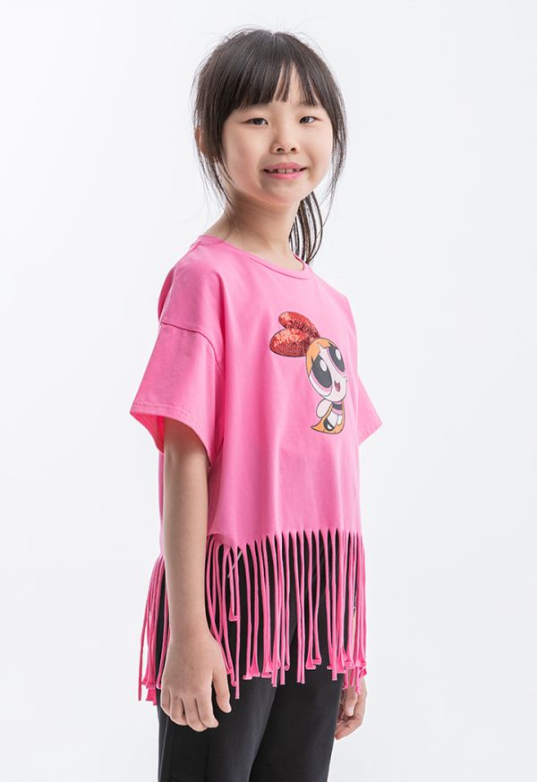 Powerpuff Girls Graphic Print T-shirt With Fringes -Sale