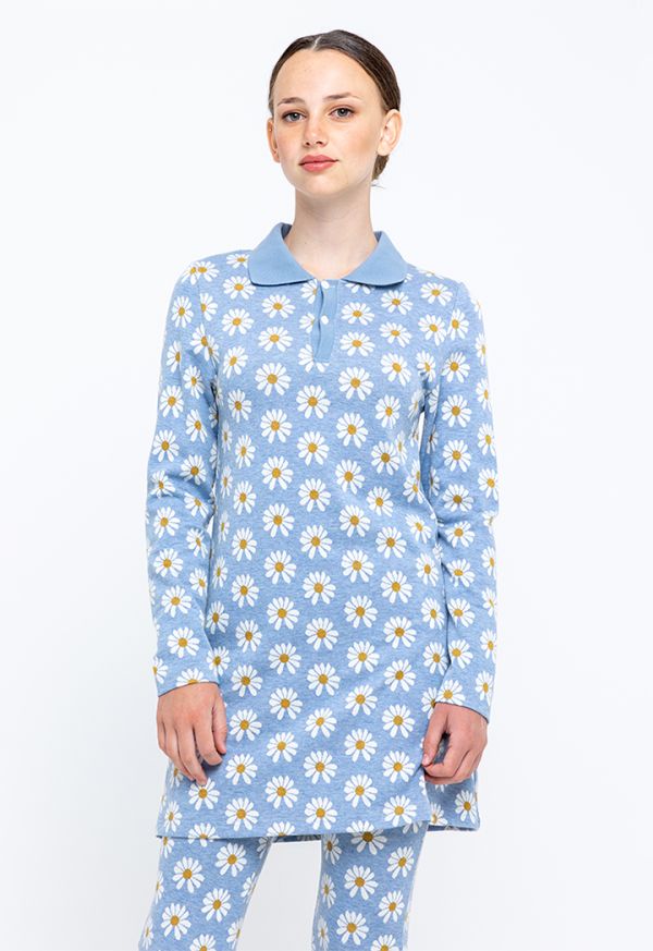 Daisy Printed Buttoned Collared Long Blouse -Sale