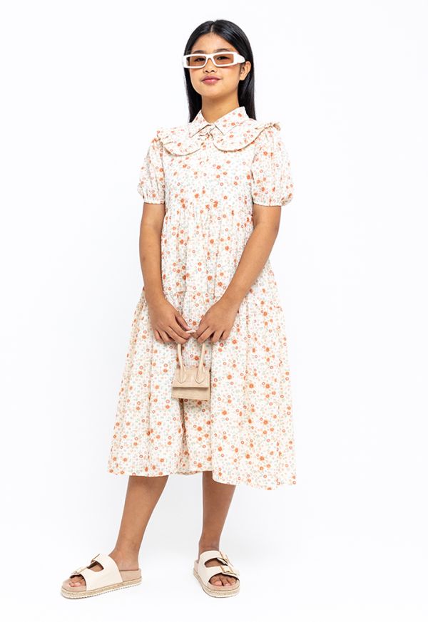 Daisy Print Knee Length Puffy Sleeves Tiered Collared Dress -Sale