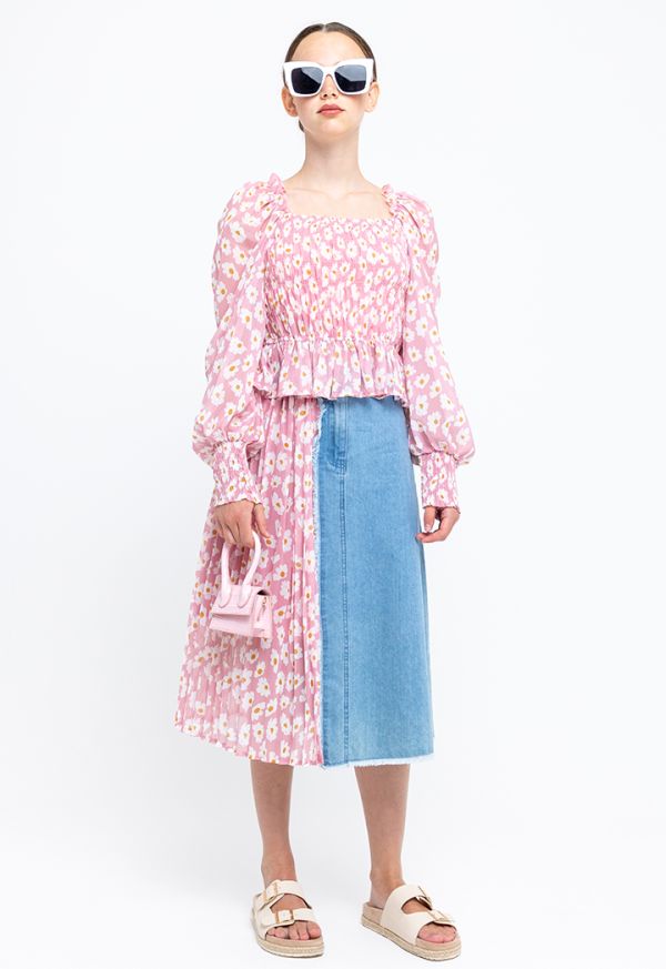 Daisy Pleated Print Frayed Hem Denim Skirt -Sale